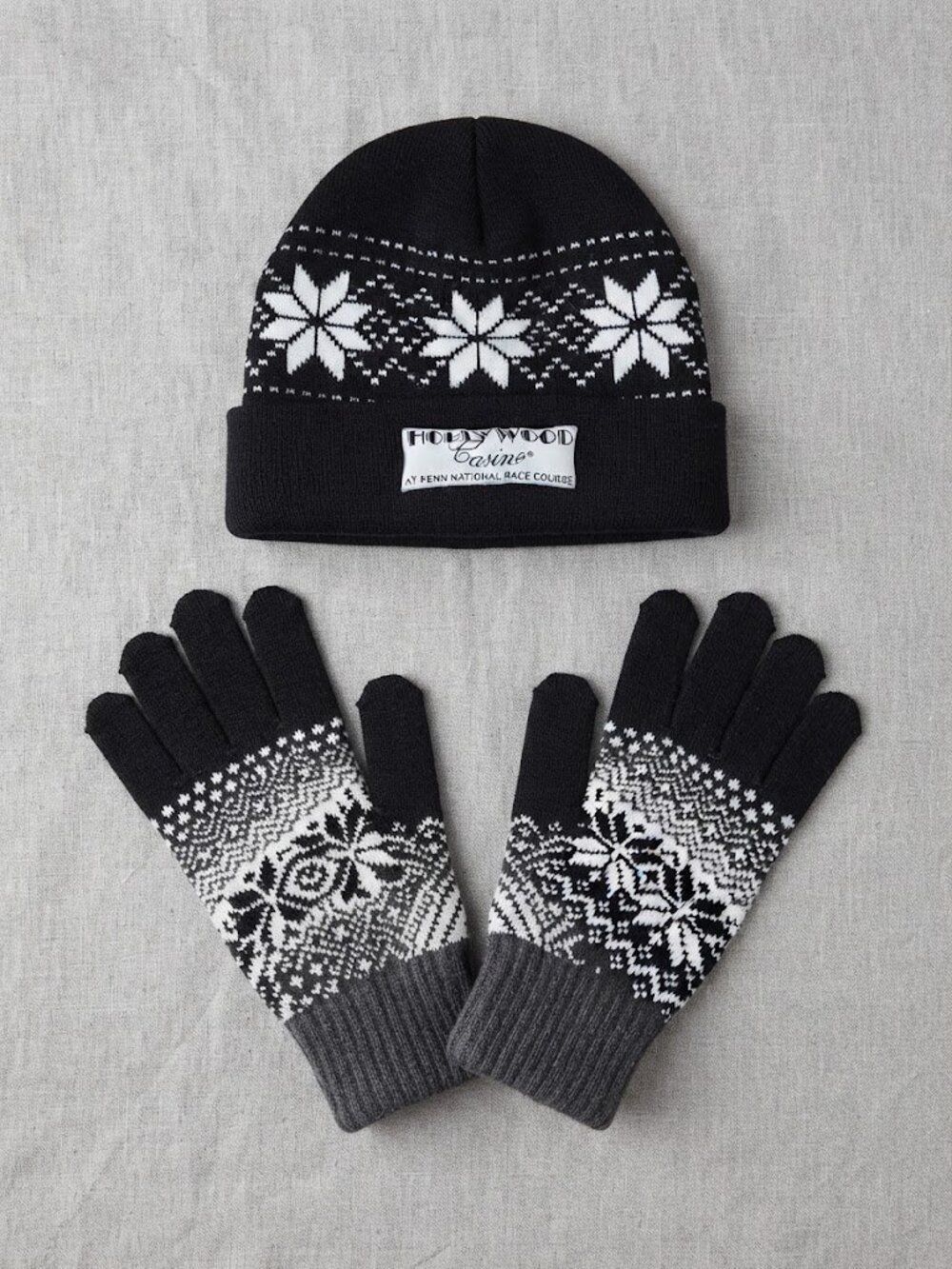 Nordic Fair Isle Beanie & Glove Winter Set Black White Retro Ski Cozy